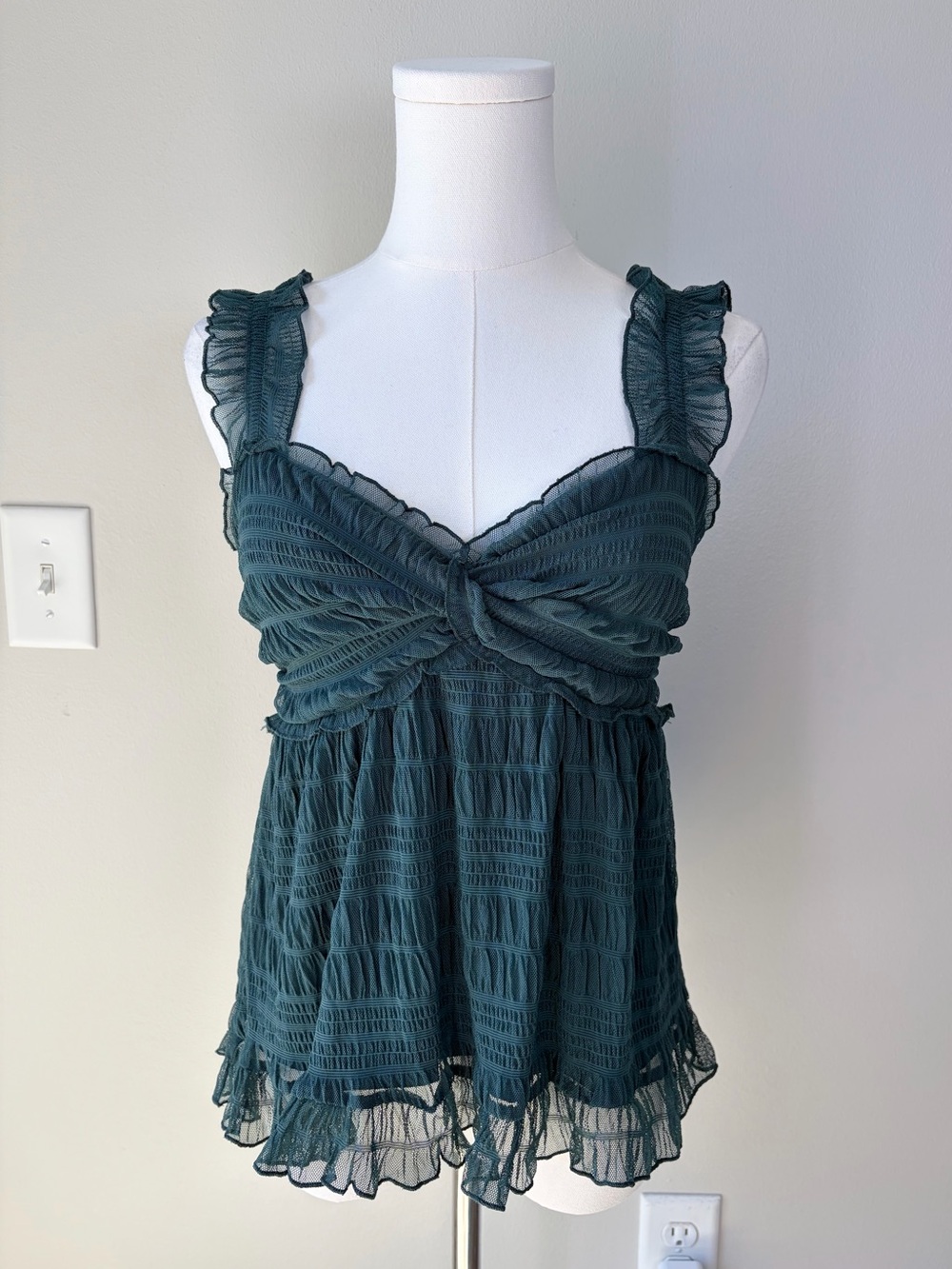 Max Studio Deep Teal Ruffle Mesh Babydoll Tank Top Fairy Mermaid Daydream Whimsy